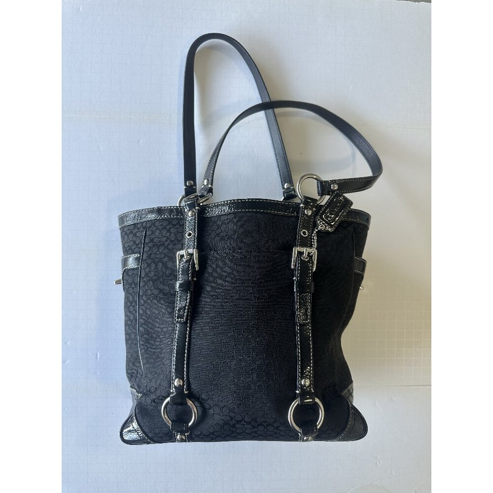 Coach Gallery Signature Tote Black Jacquard Patent Leather Zip Top Purse